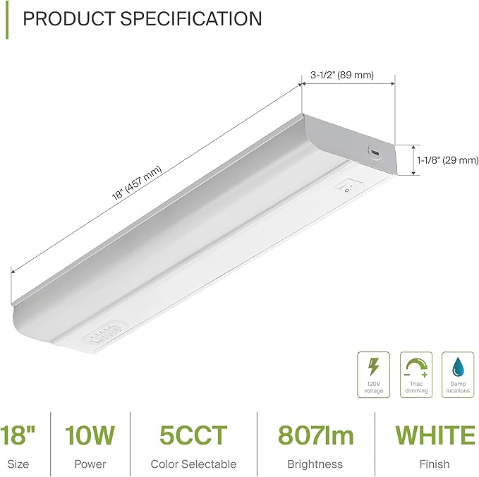 ASD 2 Pack 18 Inch Hardwired LED Under Cabinet Lights, On/Off & 5CCT Switch 2700K-5000K, 10W 807LM CRI90+, Direct Wire Low Profile Linkable Fixture, Dimmable Under Counter Kitchen Lighting, White, UL