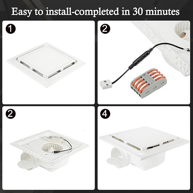 Bathroom Exhaust Fan with Light 145 CFM, 11.8" Panel, 1.0 Sone Low Noise，Cutout Size 10" x10"，Duct 4 Inch Quiet Bath Ceiling Vent Fan Combo with 6500K 1200LM LED Light, for Bathroom, Laundry, Shower