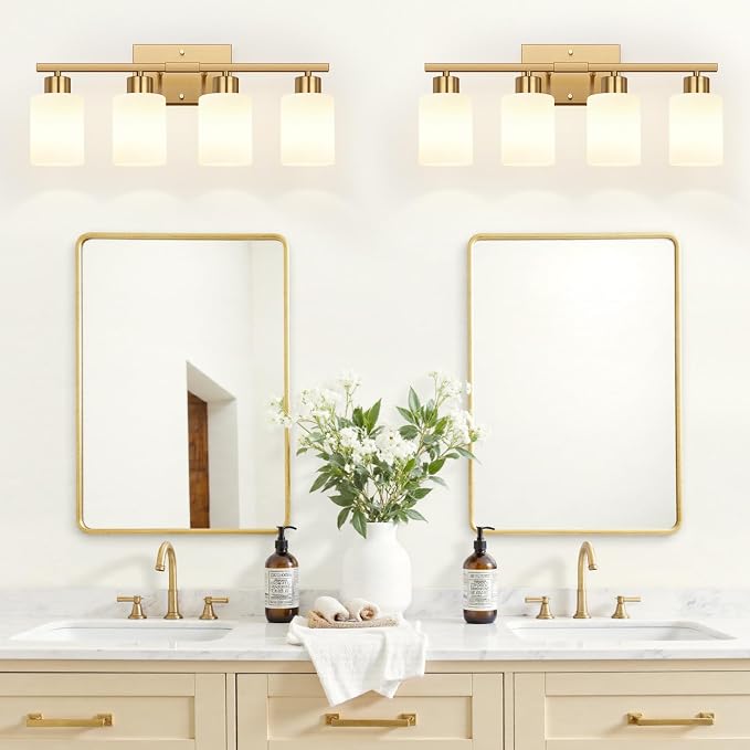 4-Light Bathroom Light Fixtures, Brushed Gold Vanity Light with Milky White Frosted Glass Shades, Modern Bathroom Vanity Light for Mirror, Bedroom, Hallway, or Living Room