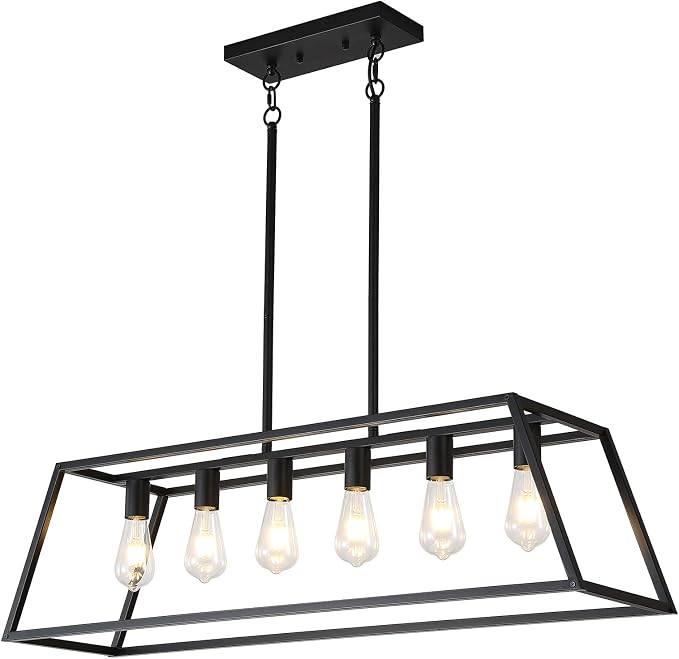 Farmhouse Rectangle Chandeliers for Dining Rooms, Modern Linear Hanging Light Fixture Matte Black 6-Light Industrial Pendant Lighting for Kitchen Island