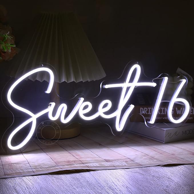 SYLHOME Sweet 16 LED Neon Light Sign 17"X7.3" Sweet Girls Adults Bedroom Happy 16th Birthday Party Wall Decor Beautiful Bestie Sister USB Cold White