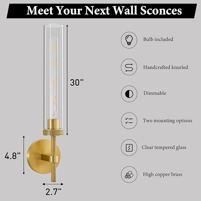 Brass Knurled Tube Wall Sconce - Luxury Modern Glass Sconces with Bulbs - Vertical Mounted Light Fixture - Gold Dimmable Indoor Lighting for Vanity Mirror Bathroom Bedroom Living Room Hallway