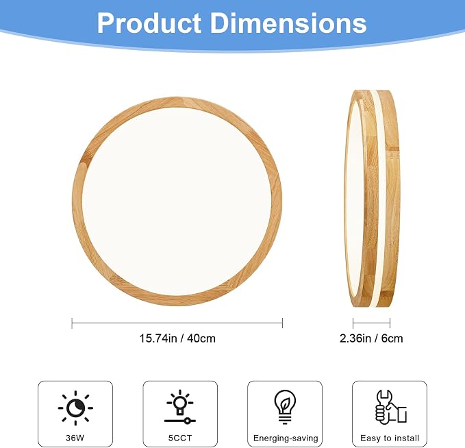 Pevfah Modern Dimmable LED Wood Flush Mount Ceiling Light, 5CCT Round Close to Ceiling Lighting Fixtures, Minimalist Ceiling Lamp for Bedroom, Kitchen, Hallway, Laundry Room-15.74in
