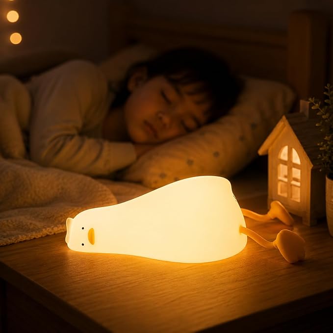 Cute Lying Flat Duck Night Light for Kids, Silicone Squishy Duck Lamp, 3-Level Dimmable Touch Control Bedside Night Light, USB Rechargeable Nursery Light for Baby Bedroom, Birthday Christmas Gift