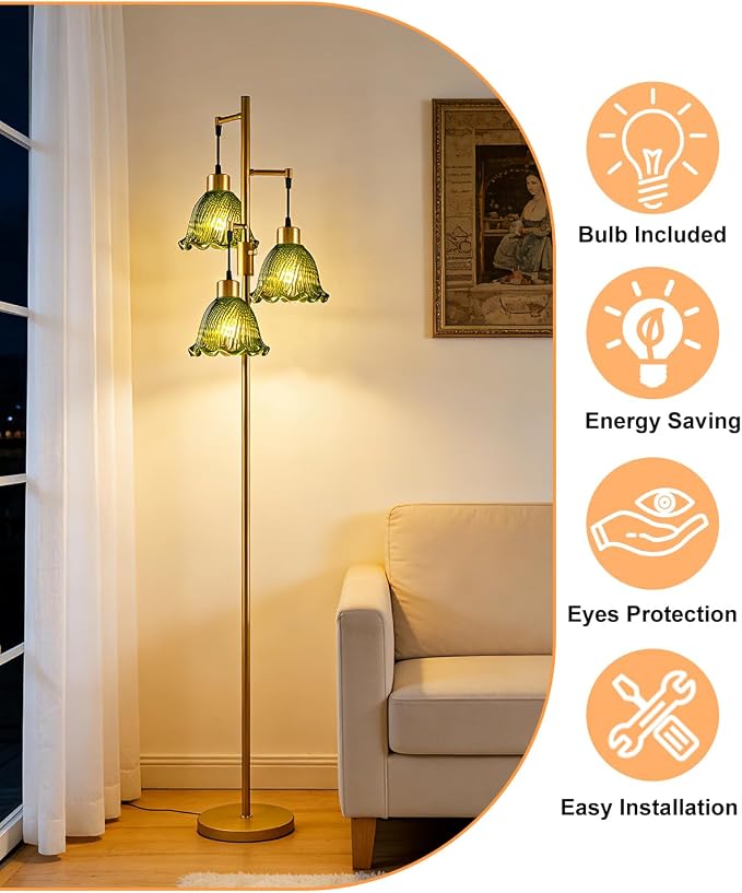 Lightdot Glass Floor Lamps for Living Room, 3-Light Dimmable Floor Lamp with Green Glass Shade& E12 Bulbs Included, Mid Century Standing Tall Lamp with 5Lbs Heavy Base for Bedroom/Sofa Beside-Gold