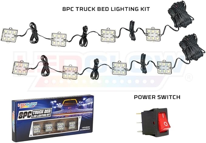 LEDGlow 8pc White Truck Bed Cargo LED Lighting Kit - Universal - Durable, Waterproof Pod Lights Mount Under The Bed Rails - Includes On/Off Toggle Power Switch