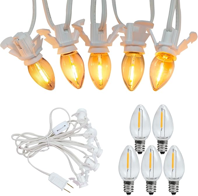 Accessory Cord with 5 LED Night Light Bulbs - C7 Christmas Village Light Accessory Cord - C7 Bulb 2700K Warm White with Spare Fuse for Holiday Decoration Craft Village House Decoration
