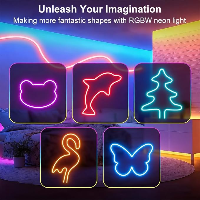 Smart Neon Rope Lights, 16.4FT RGBW LED Strip | Alexa Compatible, Ultra Bright, Plug-in Adapter Powered, IP65 Waterproof Flexible, App Control & Music Sync