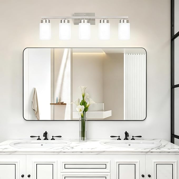 IZORRO Modern Bathroom Light Fixtures, 5 Light Brushed Nickel Vanity Lights, Bathroom Lighting Fixtures Over Mirror with White Glass for Living Room Cabinet Bedroom