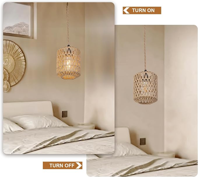 3 Lights Plug in Pendant Light with Cord On/Off Switch Rattan Hanging Lamp with 22ft Hand Woven Wicker Plug in Chandelier Boho Hanging Lights Fixture for Bedroom Kitchen Hallway Foyer