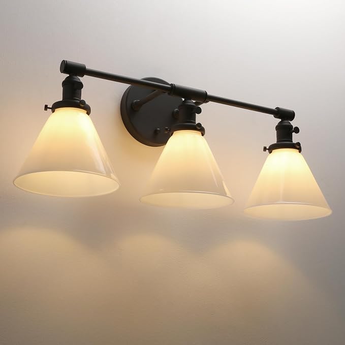 Vintage Industrial 3-Light Bathroom Vanity Light with Milk Glass lampshade – Antique Brass Wall Sconce for Over Mirror, E26 Socket, Hardwired Installation