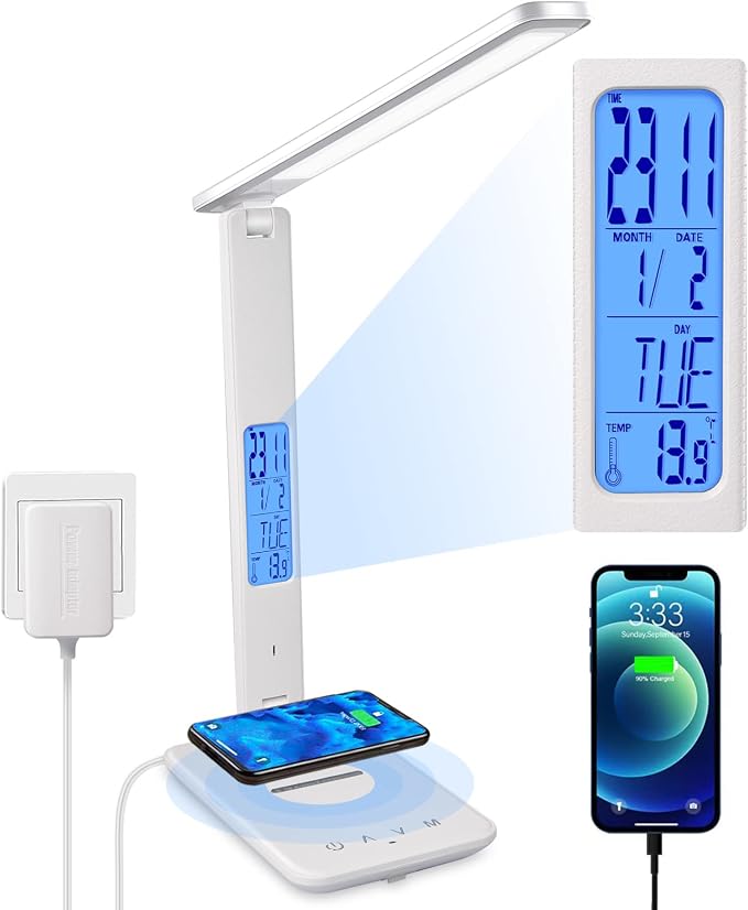LED Desk Lamp with Wireless Charger, Suitable for Home, Office Dimmable, with USB Charging Port, Built-in Clock, Calendar, Thermometer and Automatic Timing Reading Desk Lamp.