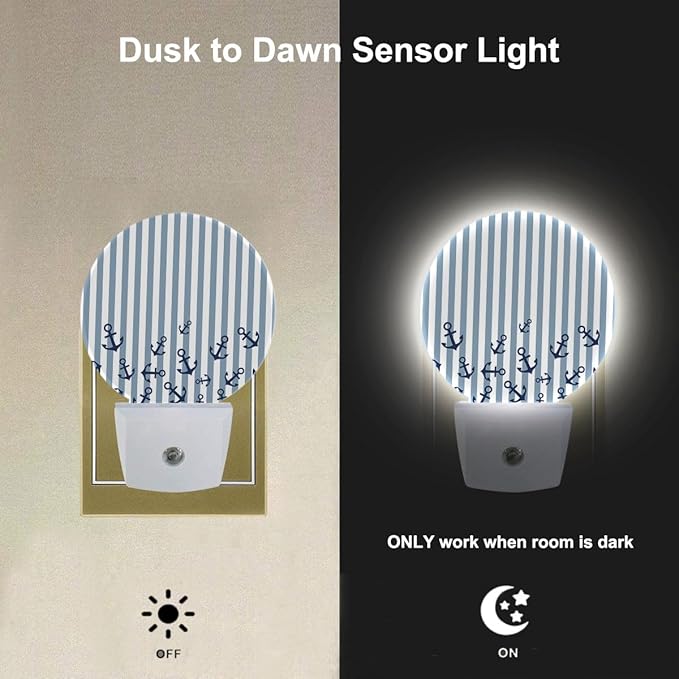EKOBLA Watercolor Anchor LED Night Light Blue and White Stripes Nautical Coastal Dusk to Dawn Plug-in Nightlights Auto Sensor for Home Indoor Bathroom Hallway Kitchen