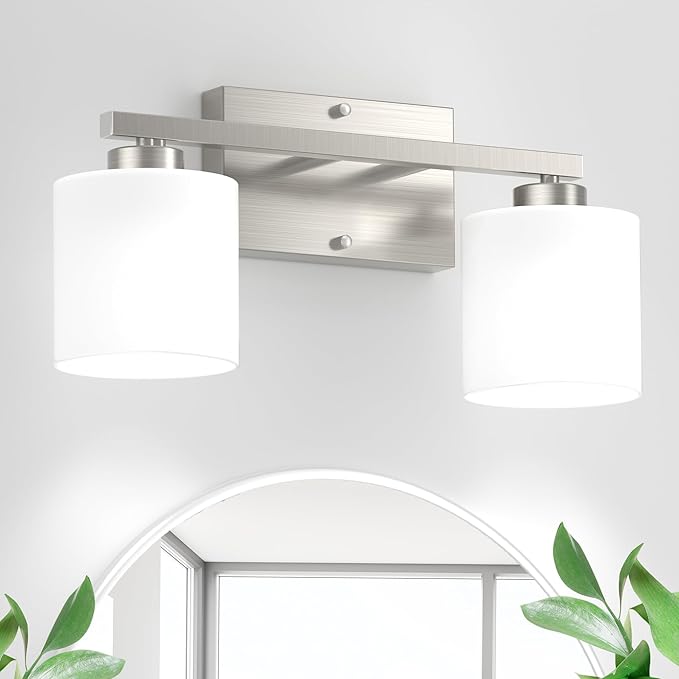 Honesorn Modern Vanity Lights - 2-Light Brushed Nickel Bathroom Mirror Lights with Frosted Shade & Anti-Rust Finish, E26 Wall Mounted