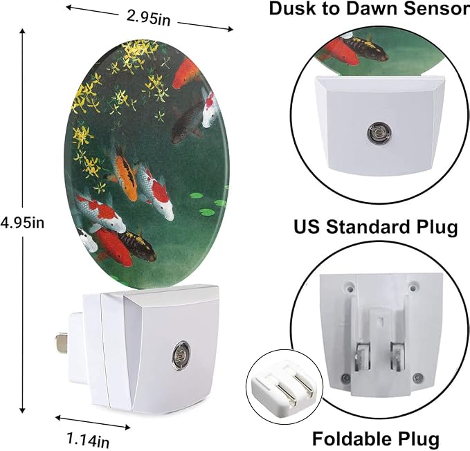 Fancy Carps in Pond Night Lights Plug into Wall Golden Red Fishes Night Light Dusk to Dawn Sensor LED Lighting for Bedroom Bathroom Living Room, 0.5W Sleep Friendly