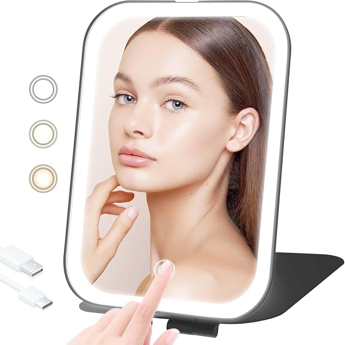 Travel Makeup Mirror, Portable Rechargeable Mirror with Lights | USB-Rechargeable, 3 Color LED Lighting, Adjustable Brightness, 7.9x5.4 inch, 1200mAh Battery, Gift for Women and Girls, Black