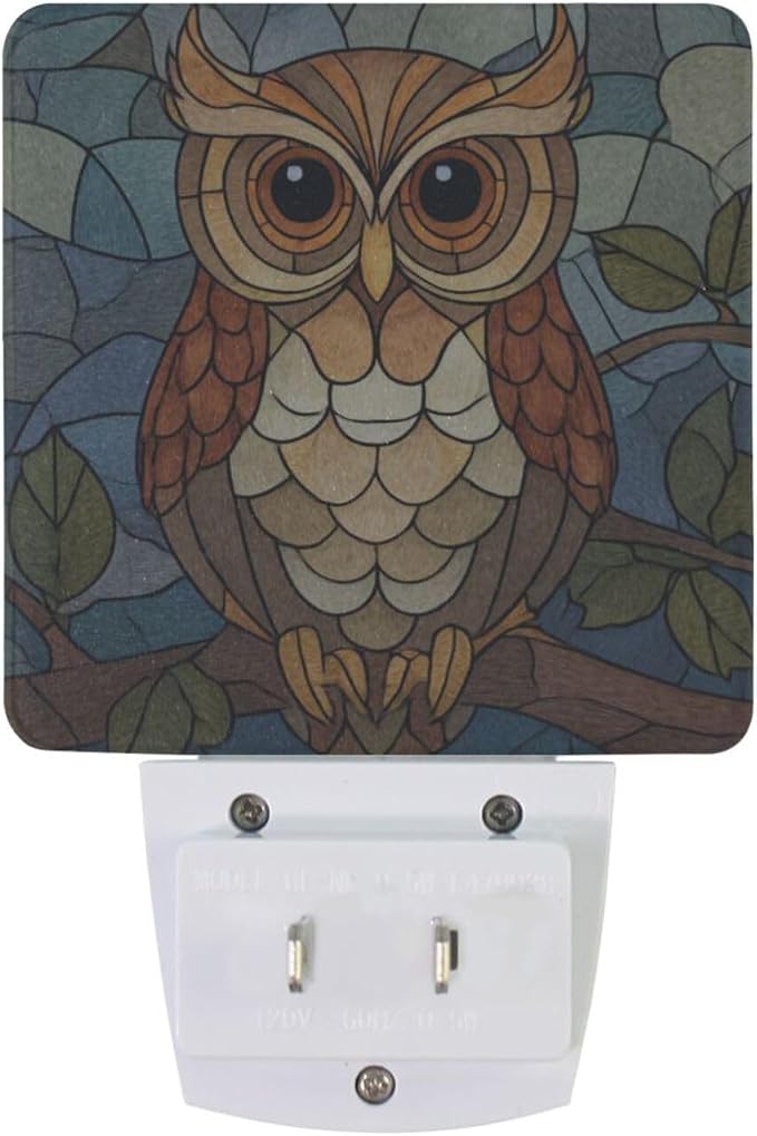 Colorful Owl Glass-Style Night Light Dusk to Dawn Sensor LED Night Dimmable Nightlight Lights Plug into Wall for Living Room
