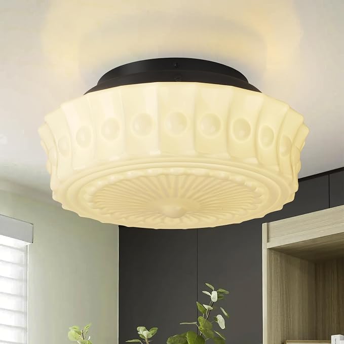White Milk Glass Ceiling Light Fixture, 13.8'' Flush Mount Lighting for Bedroom, Hallway, Kitchen & Dining Room, Vintage Mid Century Design, 4 LED Bulbs Included, Ideal for Modern Farmhouse