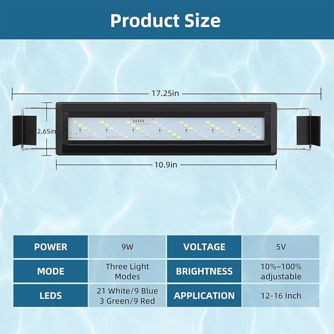 LED Aquarium Light Full Spectrum Fish Tank Light with Dimmer White Blue Red Green LEDs Fish Tank Light with Three Lighting Modes and Extendable Bracket for 12 Inch to 16 Inch Aquarium
