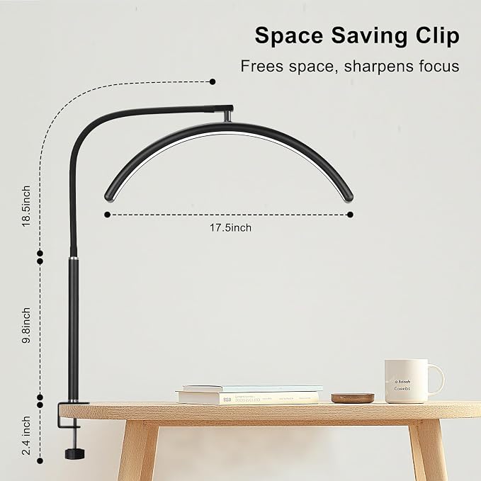 Professional Half Moon LED Desk Light for Nail Techs & Artists – Flexible Gooseneck Lamp with Clamp, 5 Color Modes & 5 Brightness Levels for Manicure, Tattoo, Beauty Work