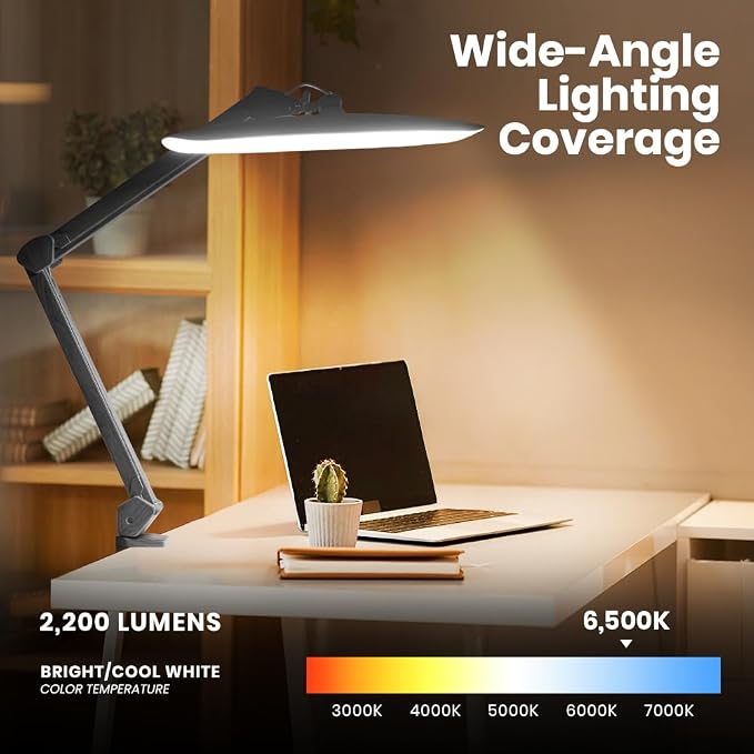 Neatfi XL 2200 Lumens 24W LED Desk Lamp – Shadow-Free Task Lighting | 4-Level Dimming | Home Office & Crafts Use | 20-Inch Wide Head (Gray Wood, Non-CCT with Clamp)