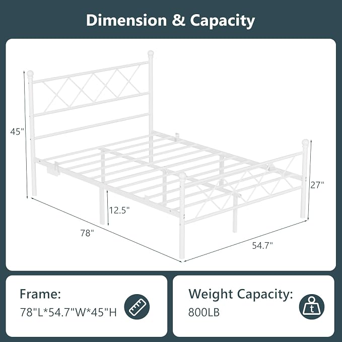 VINGLI Full Bed Frame with LED Lights & Charging Station, Metal Platform Bed Frame with Headboard, USB Ports, Under Bed Storage, Noise Free, No Box Spring Needed, Easy Assembly, White
