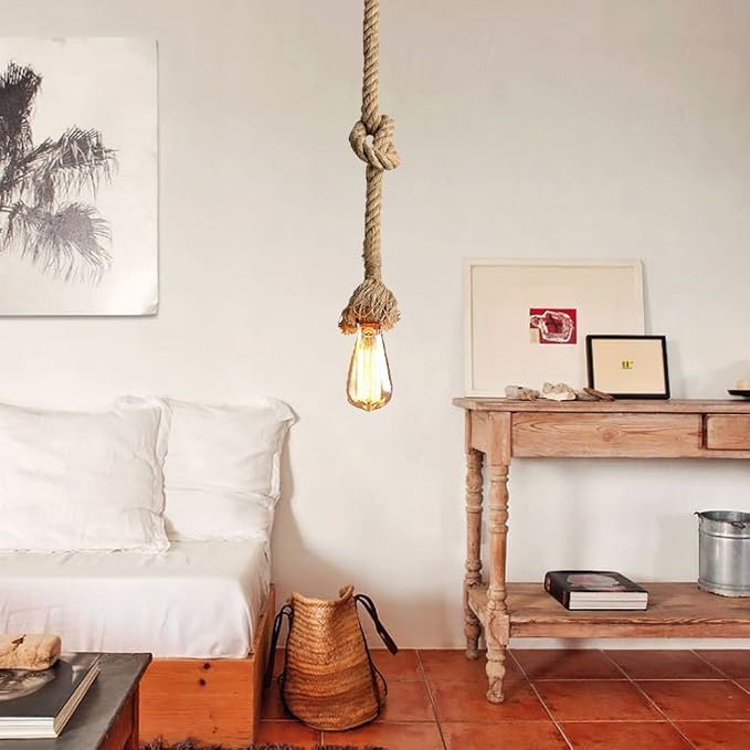 1 Head 1 Meter Vintage Hemp Rope Pendant Light Fixture E26/E27 Base, Vintage Ceiling Light Lamp,Retro Style for Dining Hall Restaurant Bar Lighting,110~130V, (Bulb not Included) (Pack of 2)