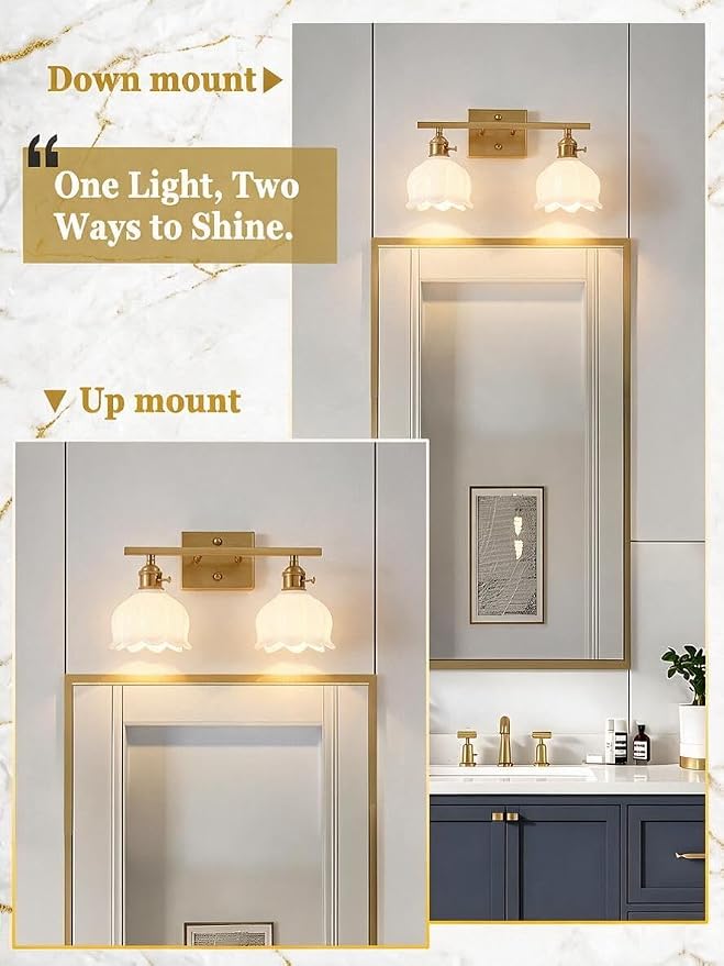 3-Light Vintage Bathroom Vanity Light, 19.4" Brass Hardwired Wall Sconce with Amber Tulip Glass Shades, Brushed Gold Vanity Light for Mirror, Restroom, Bedroom (White, 2-Light)