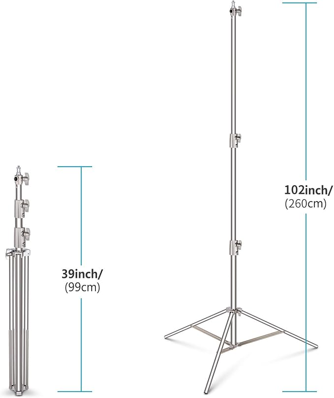 NEEWER 102"/2.6m Stainless Steel Light Stand, Spring Cushioned Heavy Duty Photography Tripod with 1/4” to 3/8” Universal Screw Adapter for Strobe, LED Video Lighting, Ringlight, Monolight, Softbox
