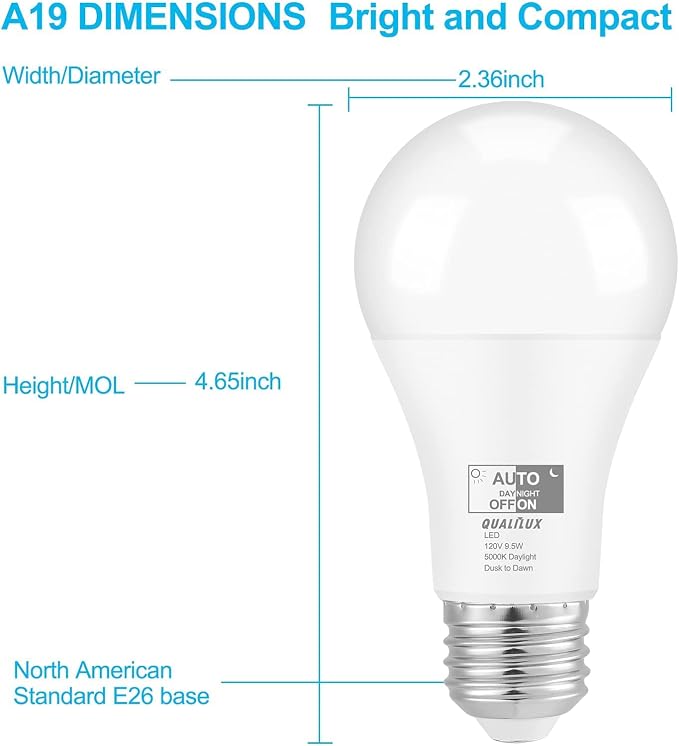 Qualilux Dusk to Dawn A19 LED Light Bulbs Outdoor, Automatic On/Off, 60W Equivalent, Daylight 5000K, Energy Efficient 9.5W, 850 Lumen, E26 Base, 4-Pack, HQ-H012