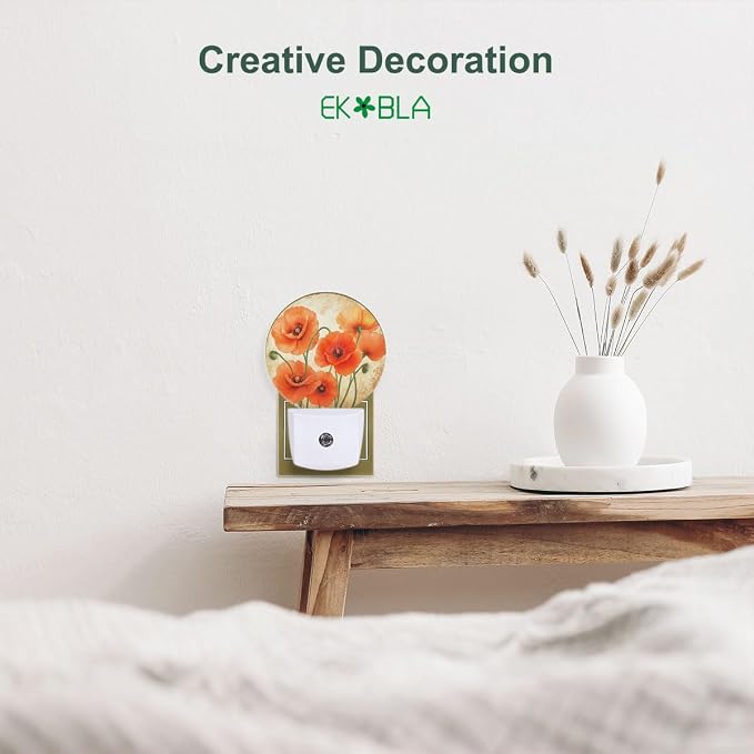 EKOBLA Poppy Flower Night Light, Vintage Red Orange Floral Night Lights Plug Into Wall with Dusk to Dawn Sensor for Hallway