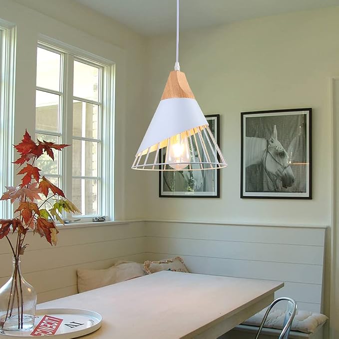 White Pendant Lights Kitchen Island,White Pendant Lights Farmhouse,Adjustable Wood Hanging Light Fixture,Industrial Pendant Lighting for Dining Room,Living Room,Bedroom,Hallway,Kitchen,Bar