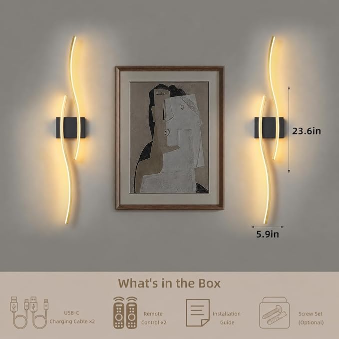 Battery Operated Wall Sconces Set of 2, Dimmable Modern LED Rechargeable Wall Light with Remote Control, Wall Decor for Living Room, Hallway, Quick Install, No Electrician Required 23.6 Inch