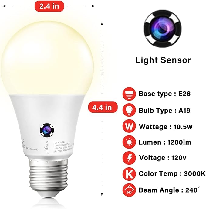 Sengled Dusk to Dawn Light Bulbs Outdoor, A19 LED Sensor Bulbs 4 Pack, 3000K Soft White 1200 Lumens, 75W Equivalent 10.5W, E26 Base Automatic On/Off Photocell Light Bulbs for Porch and Garage