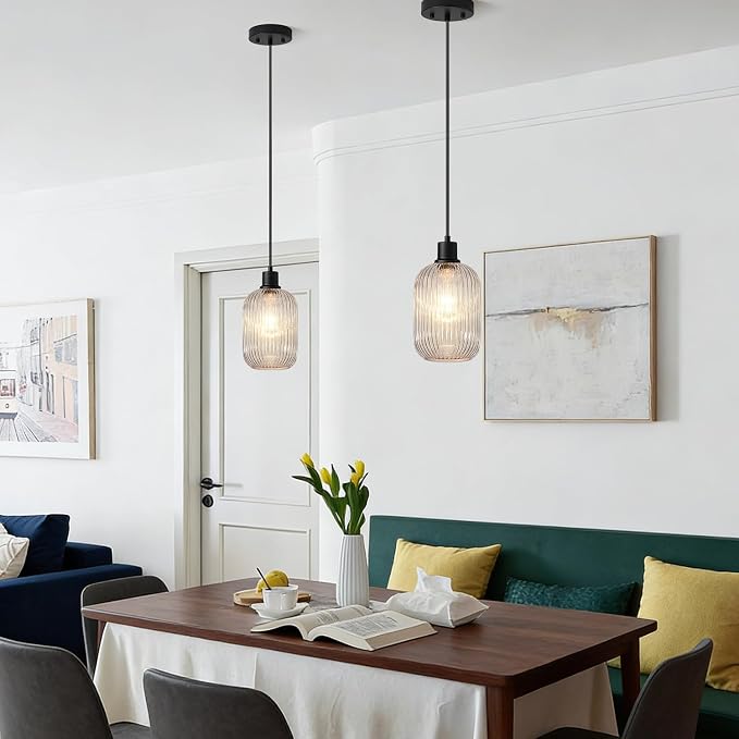 2 Pack Pendant Lights with Vintage Clear Ribbed Glass Lampshade, Adjustable Matte Black Pendant Lights Fixtures for Kitchen Island Lighting Sink, Dining & Living Room Hallway (Bulbs Not Included)