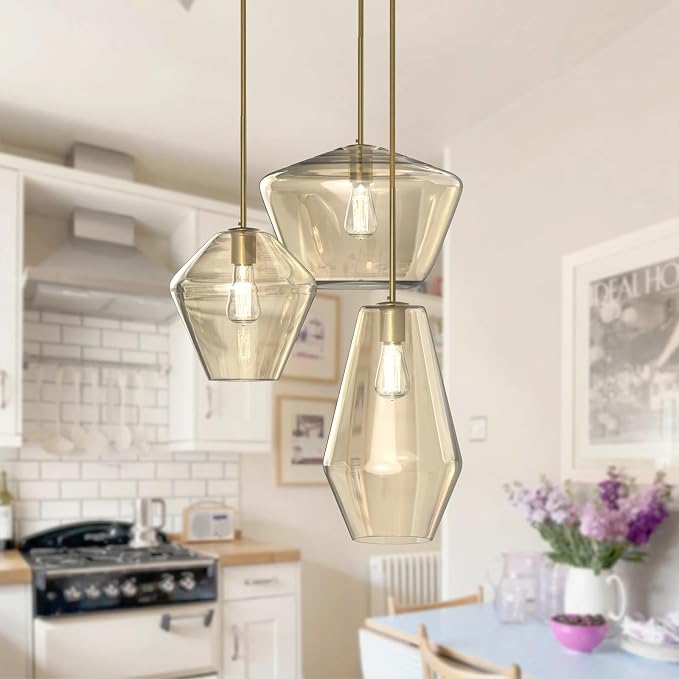 Modern Glass Pendant Light Champagne Gold Glass Chandelier Lighting Fixtures Dining Room Adjustable Hanging Cluster Pendant Lamp Nordic 3-Light Heads Pendant Lighting for Kitchen Bedroom