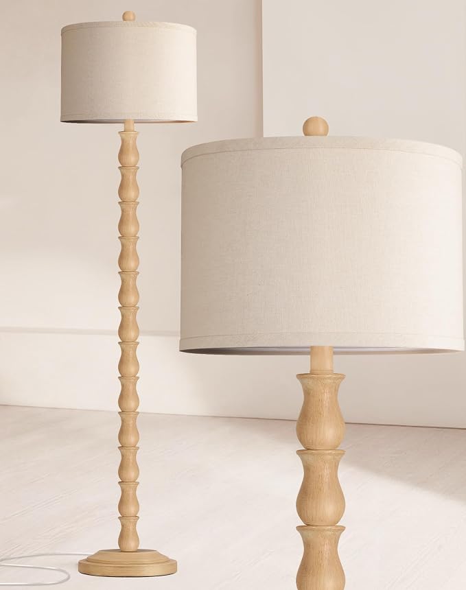 63.5" Rustic Floor Lamp for Living Room, Farmhouse Floor Lamp with Rotary Switch & Linen Shade, Vintage Resin Tall Standing Lamp for Bedroom Corner Office Home Decor, Cream (LED Bulb Included)