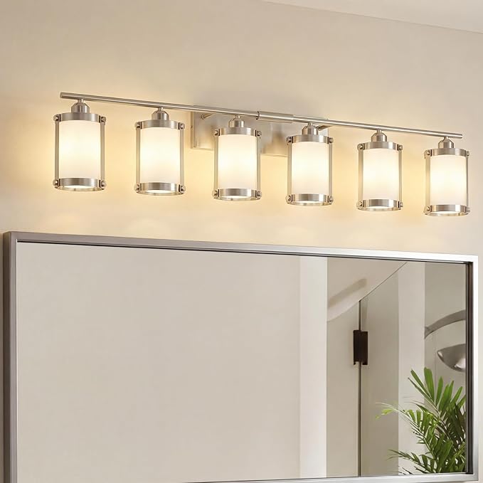 6-Light Brushed Nickel Bathroom Light Fixtures Over Mirror with Frosted Milk Glass and Metal Cage Shade, 42" UL-Listed Modern Farmhouse Wall Sconce for Bath, Hardwire E26, OS-3014BNW-6W