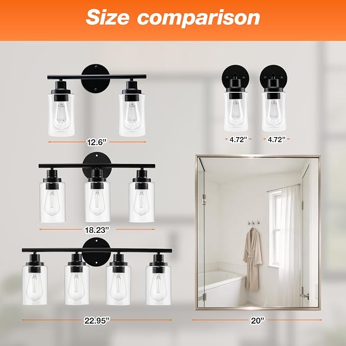 LEDVANCE Sylvania 23" Modern Bathroom Light Fixture with 4 Clear Glass Shades, Iron with Black Finish, E26 Medium Base, Vanity Lights for Bathrooms, Foyers, Entryways - 1 Pack (67905)