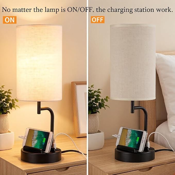 Dreamholder Touch Control USB Table Lamp with USB C/A & AC Outlet, 3-Way Dimmable Bedside Lamp, Modern Nightstand Lamps for Bedroom Living Room Guest Room Office, Bulb Included, Black