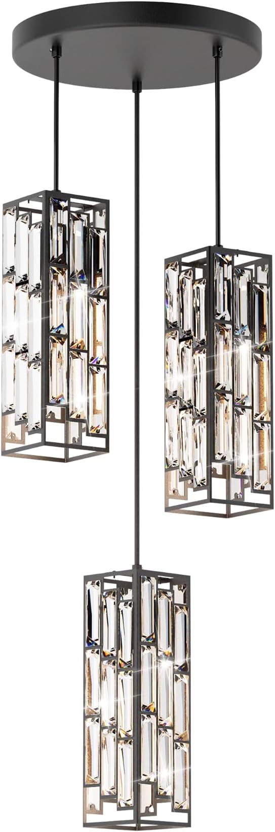 Modern 3-Light Crystal Pendant Light Fixture Kitchen Island, Black | Mini Crystal Chandeliers, Height Adjustable Cord, Ceiling Hanging Lighting for Kitchen Island Dining Room Bedroom