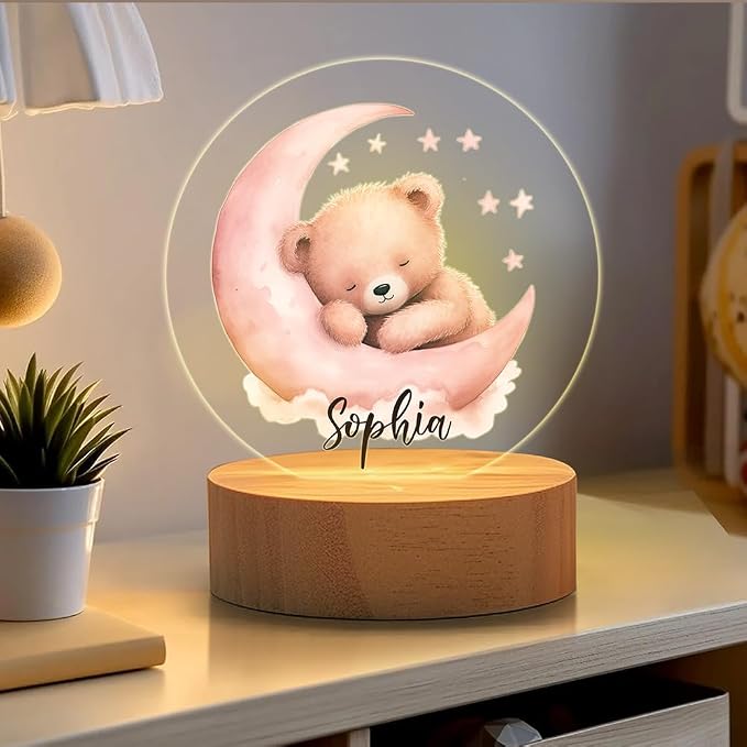 Personalized Bear Night Light - Custom Name, Cute Acrylic LED Light Lamp with Wooden Base for Bedroom Decor, Gifts for Kids Girls Boys