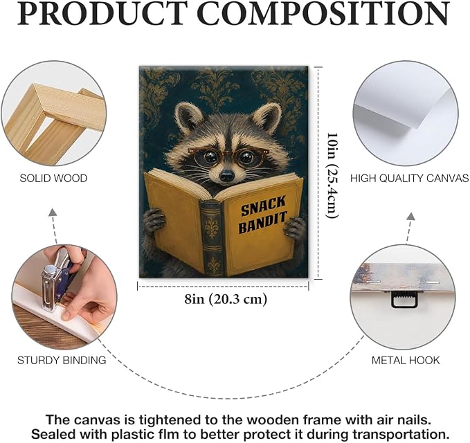 NSFBESSLIA Funny Reading Raccoon Painting, Whimsical Vintage Animal Decor, Snack Bandit, Cottagecore Wall Art for Living Room Bedroom Entryway, 8x10 Inch