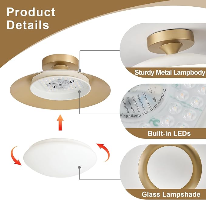Dimmable Modern Mid-Century LED Ceiling Light, White and Gold, 12.6 Inch | Semi Flush Mount Ceiling Light, 5CCT 2700K-6000K Lighting Fixture Ceiling Lamp with Glass Shade for Bedroom Hallway Kitchen