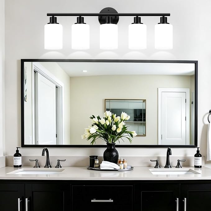 5-Light Bathroom Light Fixtures, Black Modern Vanity Lights with Milky White Frosted Glass Shades, Bathroom Wall Lamp, Clear Glass Shade, for Mirror, Living Room, Kitchen, Hallway, Cabinet, Porch