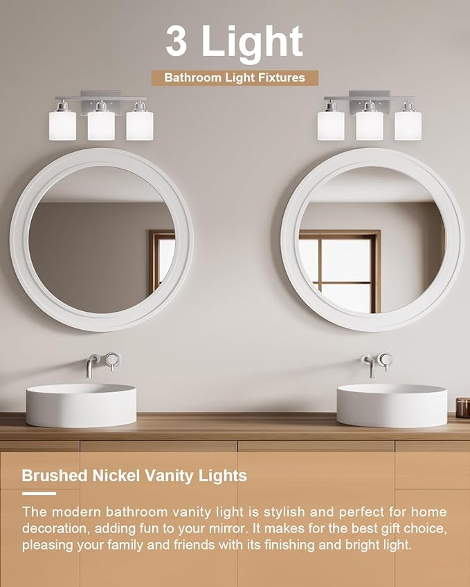 Bathroom Light Fixtures Over Mirror, 3-Light Vanity Lights Brushed Nickel, Modern Bathroom Vanity Light, Glass Shade & Anti-Rust Nickel Finished, Bathroom Light for Small Space