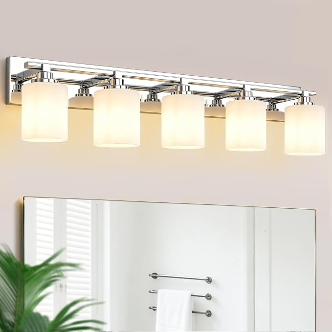 Modern Bathroom Lighting Fixtures Over Mirror, Vanity Lights for Bathroom, Wall Sconces with Milky White Glass Shades, E26 Ceramic Socket, 5-Light 35.4-inch Chrome