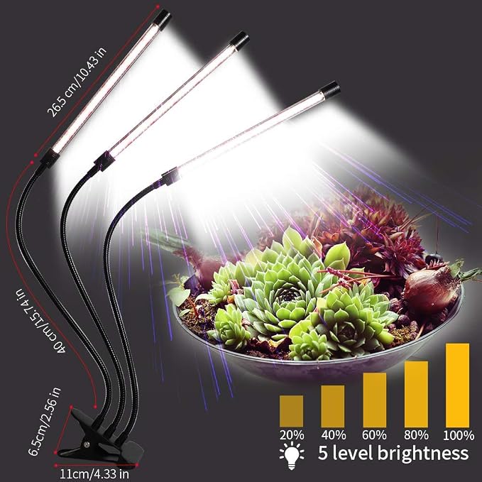 Grow Light for Indoor Plants Growing,Super Bright Clip Desk Gooseneck Lamp | 6000K White Full Sepectrum LED Light for Table Pot Succulents Seeds Small Mirco Green,5-Level Brightness & Timer