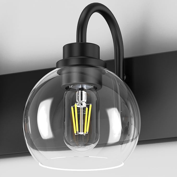 Vanity Light Fixtures With Clear Glass Shade, 4-Light Modern Lights Over Mirror, Black Wall Lamp for Bathroom, E26 Base