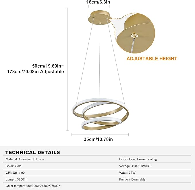 Mayful Modern Chandelier with Remote Control, 3-Color Dimmable LED Pendant Light Fixtures, Height Adjustable Kitchen Island Lighting for Dining Room,Bedroom,Living Room,Foyer,Office Gold 13.78 inches